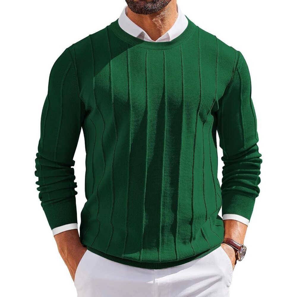 Men’s Crew Neck Sweater Long Sleeve Ribbed Knit Slim Fit Pullover Green Dress